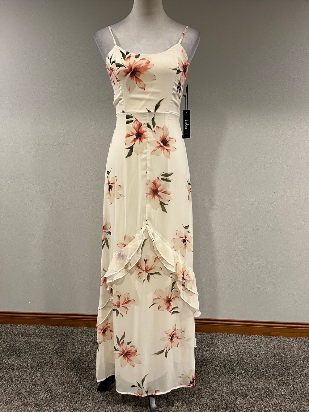 Lulu's Cream Maxi Dress with Pink Floral Print size small